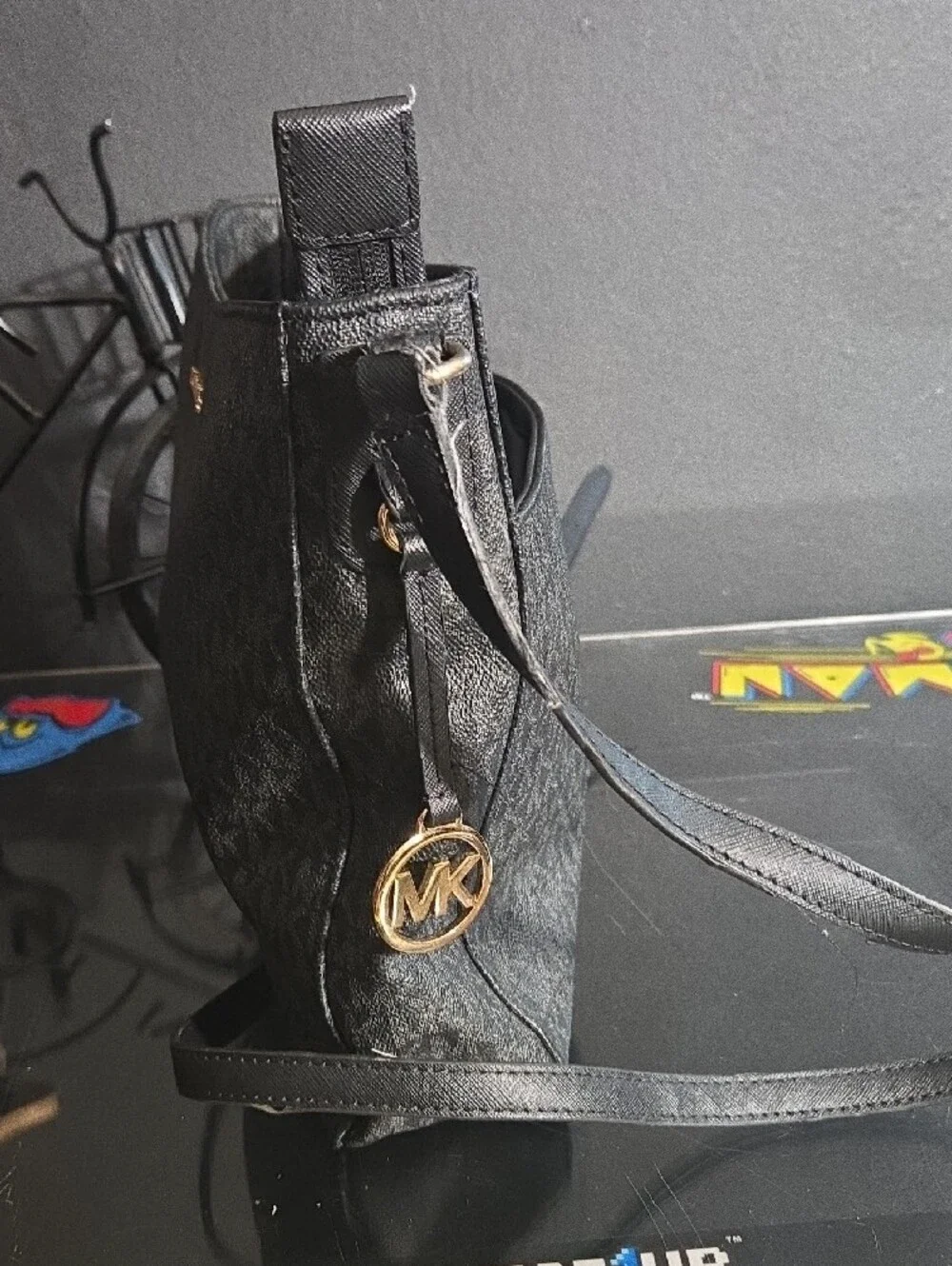 Michael Kors Black and Gold MK Monogram Crossbody Bag